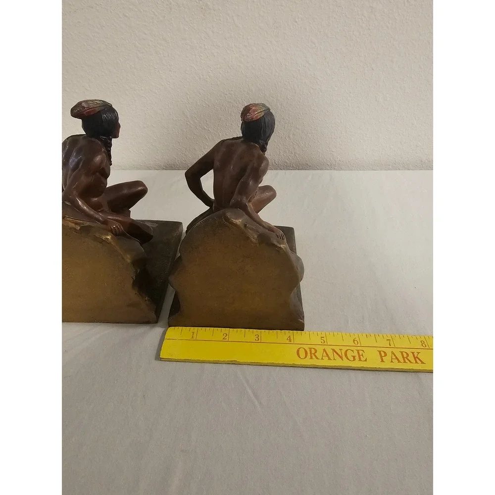 Vintage Native American Scout Cast Metal Polychrome Bookends Pair Bronze Tone
